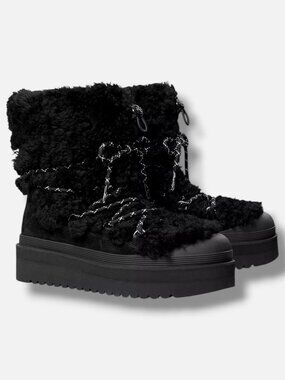 Tory Burch Women's Black Mellow Shearling Embellished Ankle Boots Size 8M